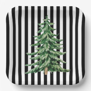 Black and White Stripes Watercolor Christmas Tree Paper Plates