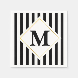 Black and White Stripes White Gold Monogram Paper Napkins