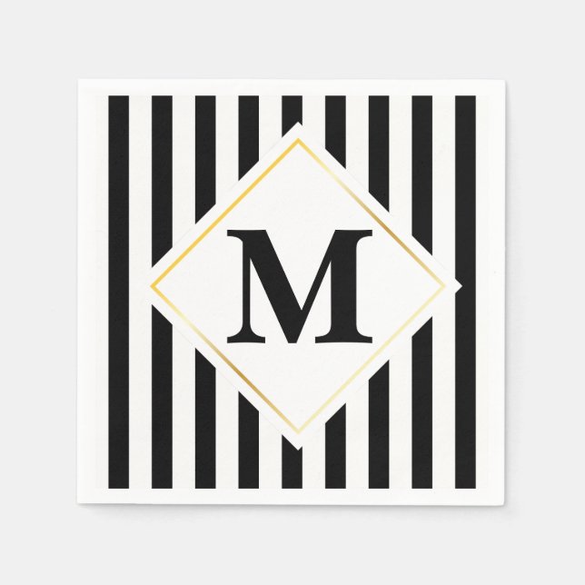 Black and White Stripes White Gold Monogram Paper Napkins (Front)