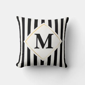 Black And White Stripes White Gold Monogram Throw Pillow by StargazerDesigns at Zazzle