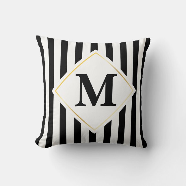 Black and White Stripes White Gold Monogram Throw Pillow (Front)