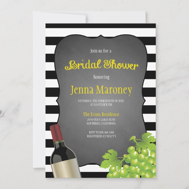 Black and White Stripes Wine Grapes Bridal Shower Invitation (Front)