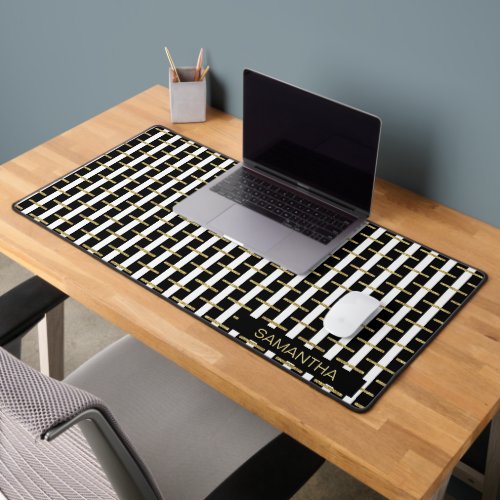 Black and White Stripes with a Glittery Gold Desk Mat