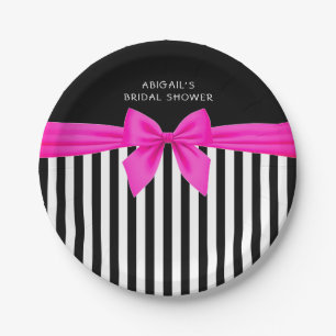 Black and white stripes with a hot pink satin bow paper plates
