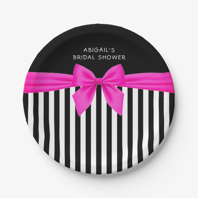 Black and white stripes with a hot pink satin bow  paper plates (Front)