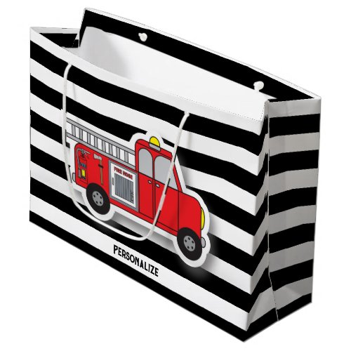 Black and White Stripes with a Red Fire Truck Large Gift Bag