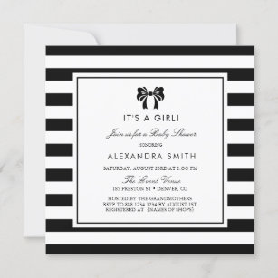 Black and White Stripes with Bow Baby Shower Invitation