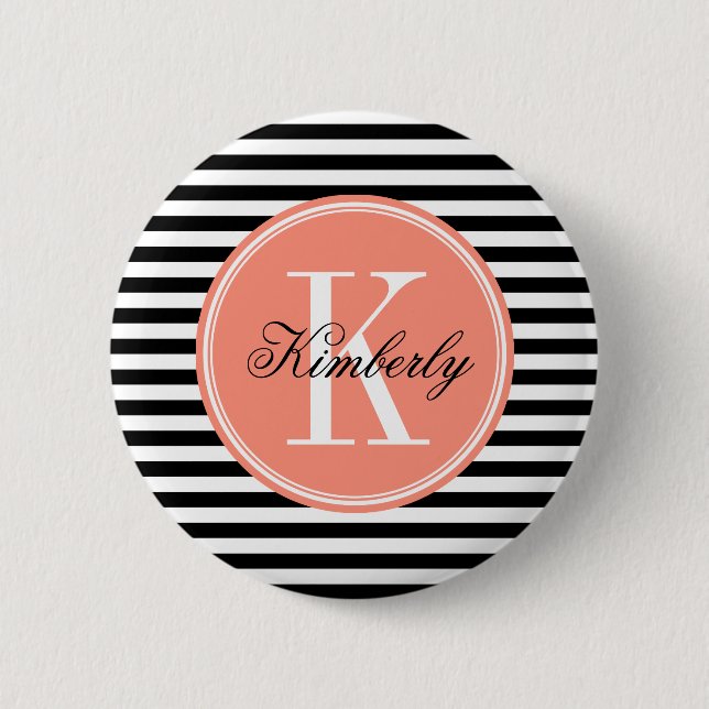Black and White Stripes with Coral Monogram Button (Front)
