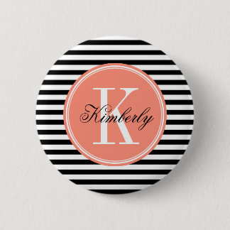 Black and White Stripes with Coral Monogram Button