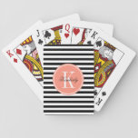 Black And White Stripes With Coral Monogram Playing Cards at Zazzle
