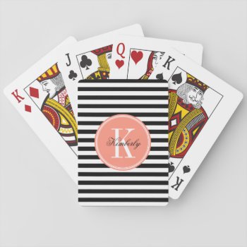 Black And White Stripes With Coral Monogram Playing Cards by PastelCrown at Zazzle