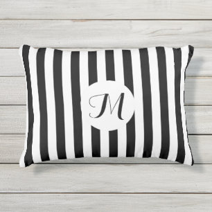 Black and White Stripes with Customizable Monogram Outdoor Pillow