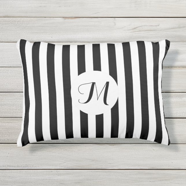Black and White Stripes with Customizable Monogram Outdoor Pillow (Front)
