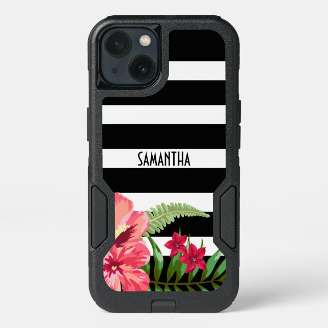 Black And White Stripes With Flowers Otterbox iPhone Case (Back)