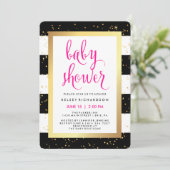 Black and White Stripes with Gold Baby Shower Invitation (Standing Front)