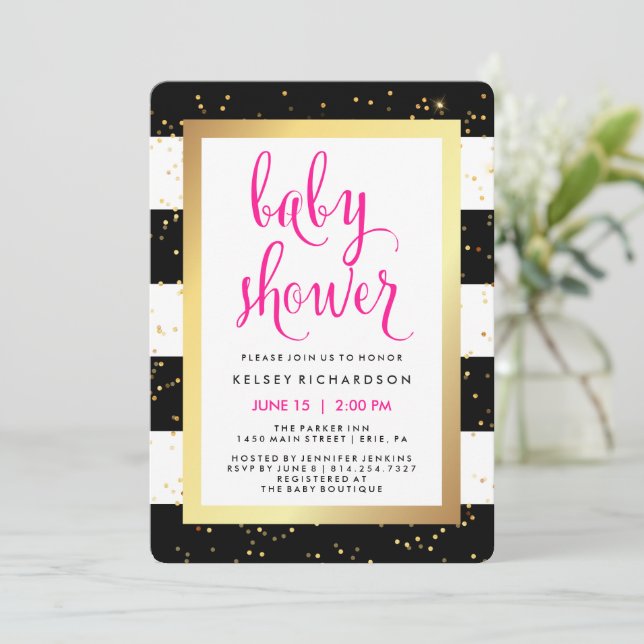 Black and White Stripes with Gold Baby Shower Invitation (Standing Front)