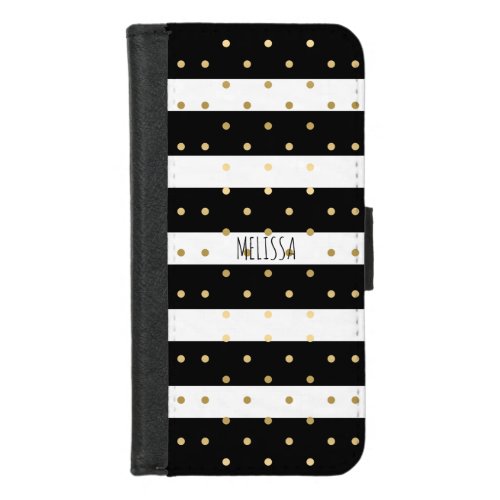 Black and white stripes With gold polka pattern iPhone 87 Wallet Case