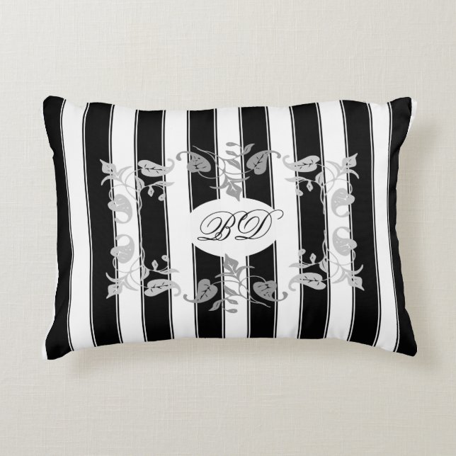 Black and White Stripes With Gray Leaves Accent Pillow (Front)