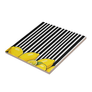 Black and white stripes with lemons ceramic tile