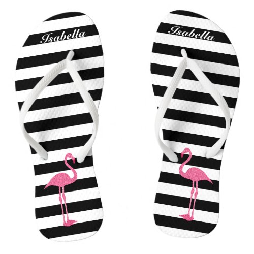 Black and White Stripes with  Pink Flamingo Flip Flops