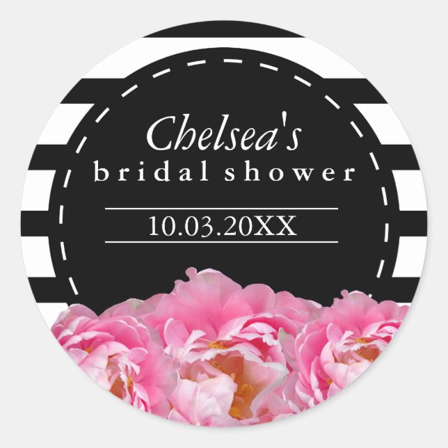 Black and White Stripes with Pink Flowers Classic Round Sticker (Front)