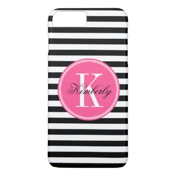 Black And White Stripes With Pink Monogram Iphone 8 Plus/7 Plus Case by PastelCrown at Zazzle