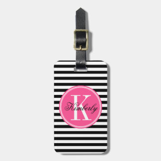 Black and White Stripes with Pink Monogram Luggage Tag