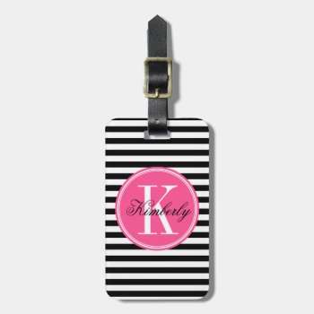 Black And White Stripes With Pink Monogram Luggage Tag by PastelCrown at Zazzle