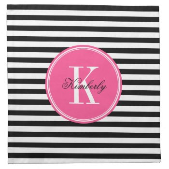 Black And White Stripes With Pink Monogram Napkin by PastelCrown at Zazzle