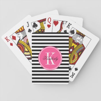Black And White Stripes With Pink Monogram Playing Cards by PastelCrown at Zazzle