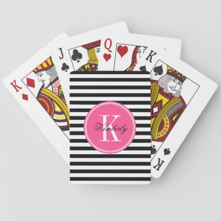 Black And White Stripes With Pink Monogram Playing Cards