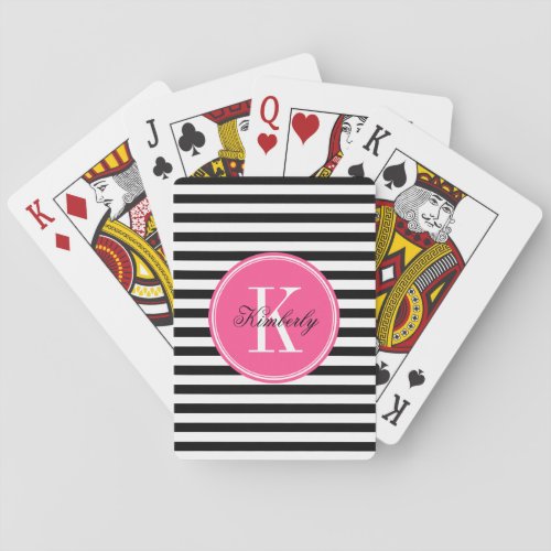 Black and White Stripes with Pink Monogram Poker Cards