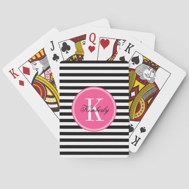 Black and White Stripes with Pink Monogram Poker Cards (Back)