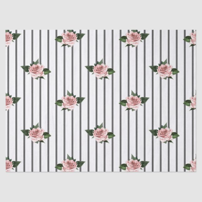 Black and White Stripes with Pink Roses Decoupage Tissue Paper (Front)