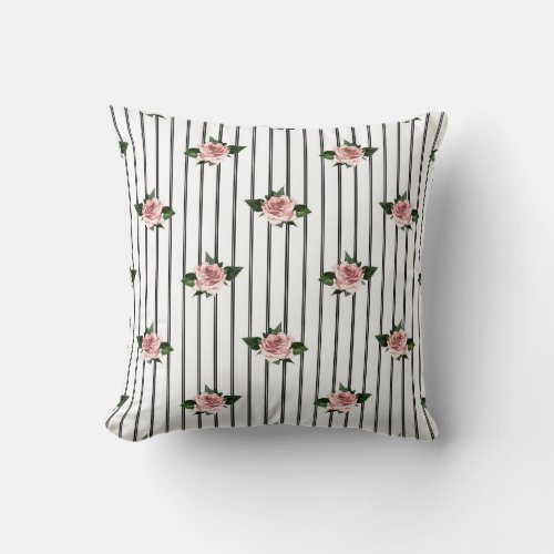 Black and White Stripes with Pink Roses Throw Pillow