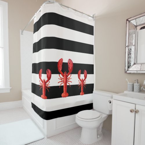 Black and white stripes with red lobsters shower curtain