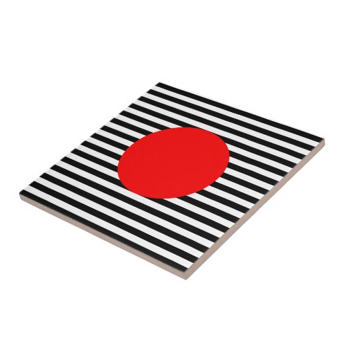 Black and white stripes with red monogram circle ceramic tile