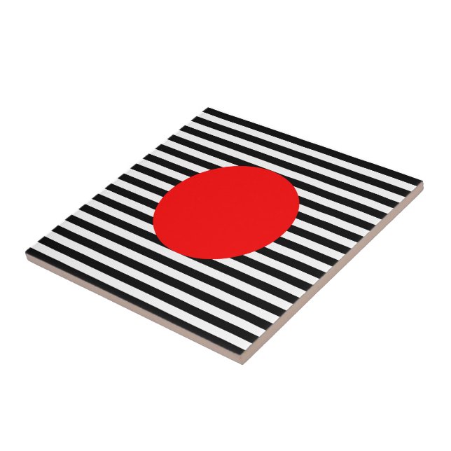 Black and white stripes with red monogram circle ceramic tile (Side)