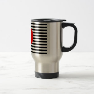 Black and white stripes with red monogram circle travel mug