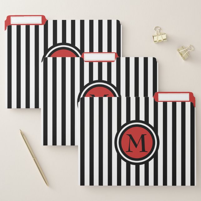 Black and White Stripes With Red Monogram File Folder (Set)