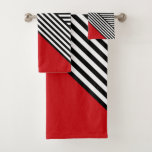 Black and white stripes with red triangle bath towel set