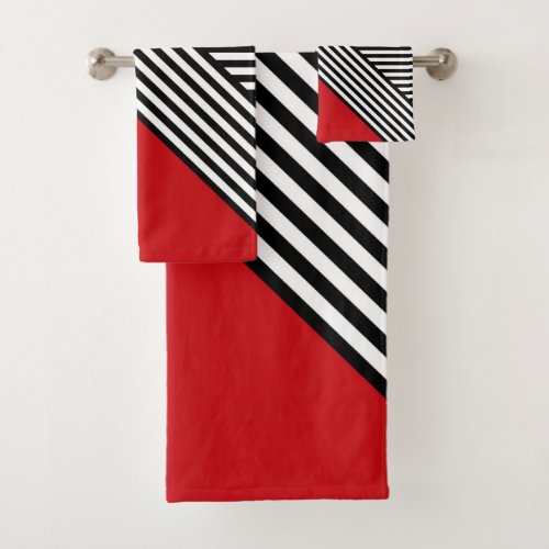 Black and white stripes with red triangle bath towel set