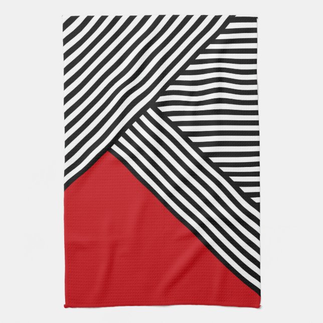 Black and white stripes with red triangle kitchen towel (Vertical)
