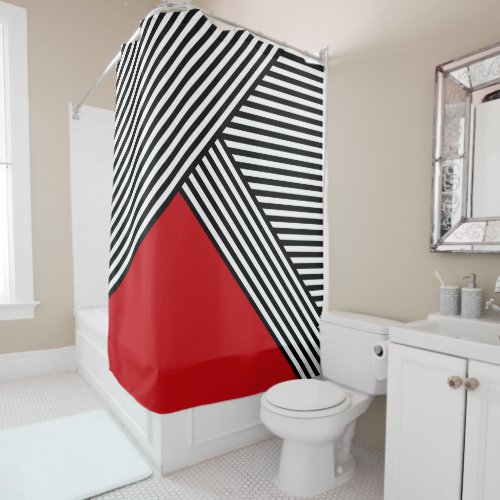 Black and white stripes with red triangle shower curtain