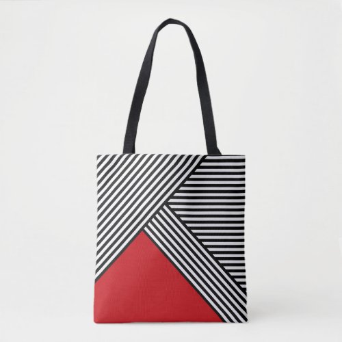Black and white stripes with red triangle tote bag