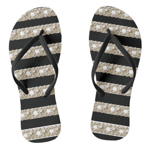 Black and White Stripes With Stylish pearls Flip Flops