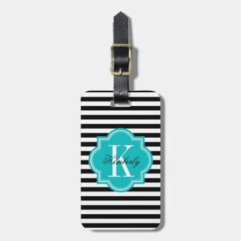 Black And White Stripes With Teal Monogram Luggage Tag by PastelCrown at Zazzle