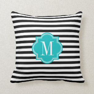 Black and White Stripes with Teal Monogram Throw Pillow