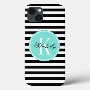 Black And White Stripes With Turquoise Monogram Iphone 13 Case by PastelCrown at Zazzle