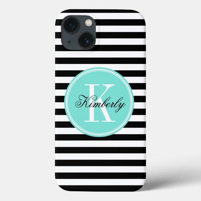 Black and White Stripes with Turquoise Monogram Case-Mate iPhone Case (Back)